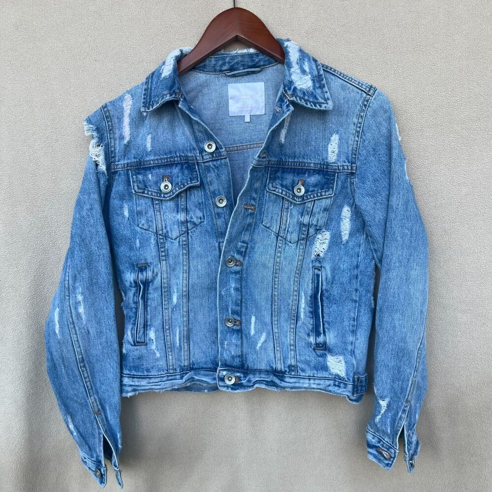 Zara Women's Trafaluc Denim Wear Distressed Ripped‎ Jean Trucker Jacket Up SMALL